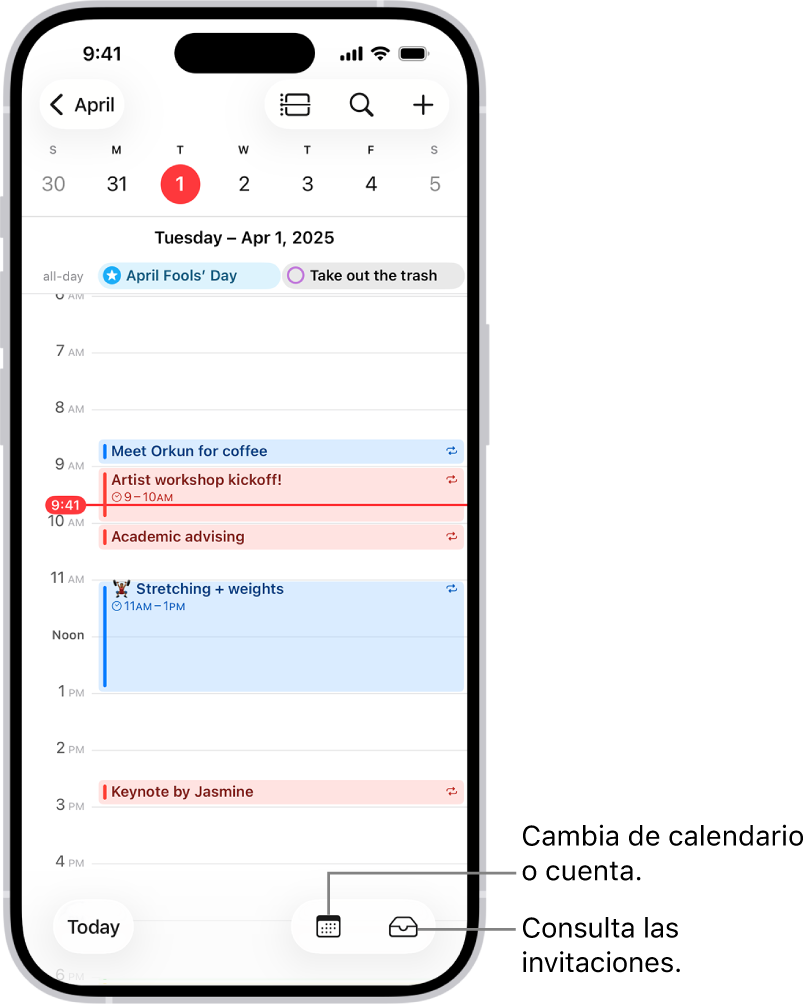 Calendario en la visualización diaria con los eventos del día. El botón Calendarios está abajo en el centro de la pantalla y el botón “Bandeja de entrada” está abajo a la derecha.