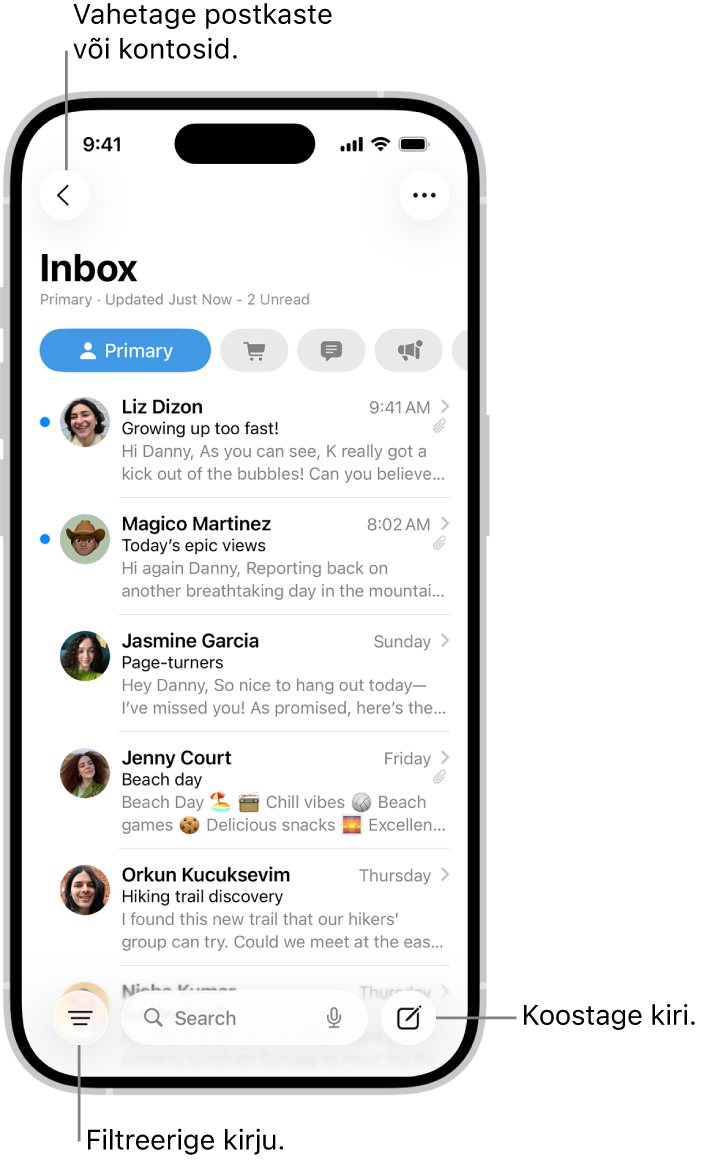 Mail Inboxis kuvatakse e-kirjade loendit.