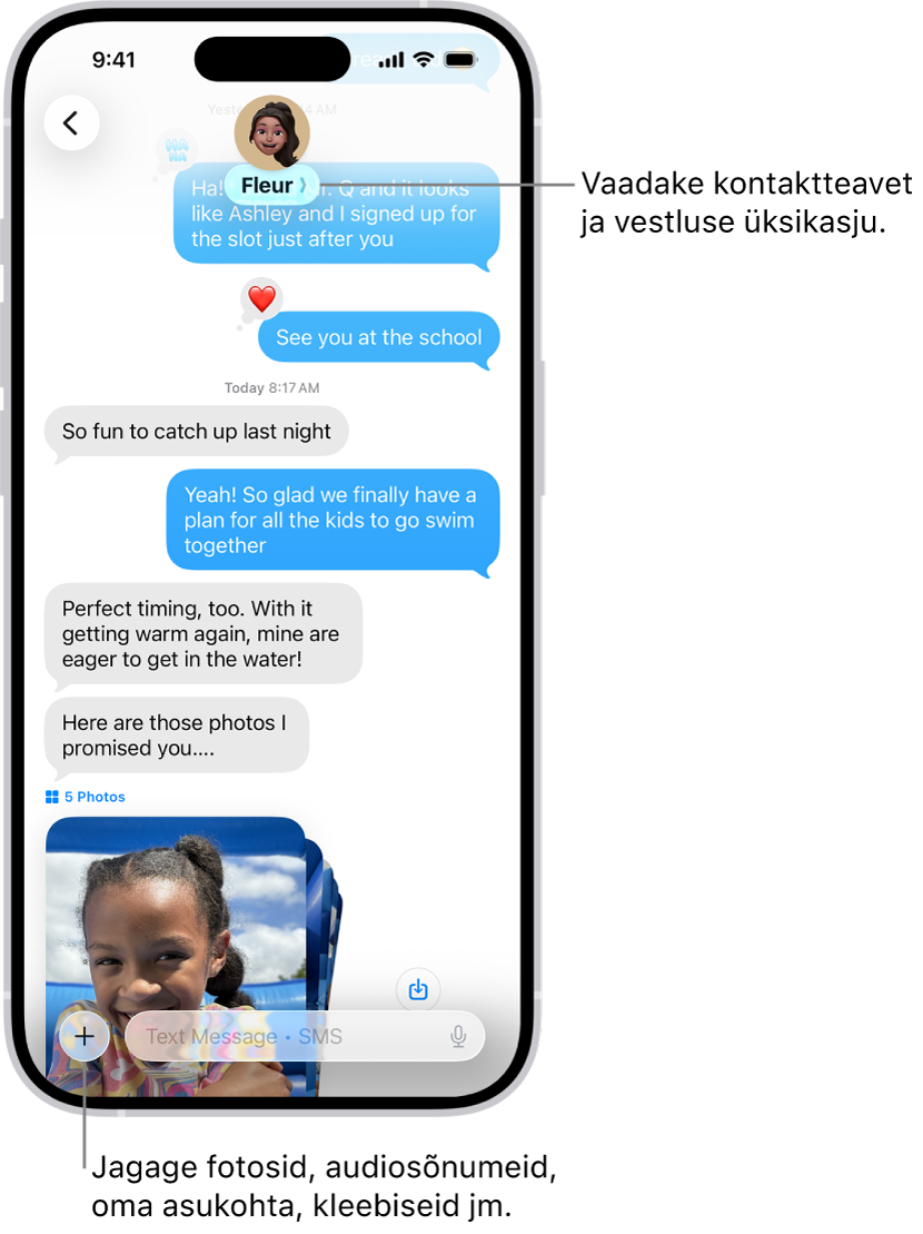 Rakenduse Messages vestlus. Ekraani ülaosas on inimese nimi, kellele sõnumeid saadate. Vestluse üksikasjade kuvamiseks puudutage tema nime. Alumises paremas nurgas on nupp Add.