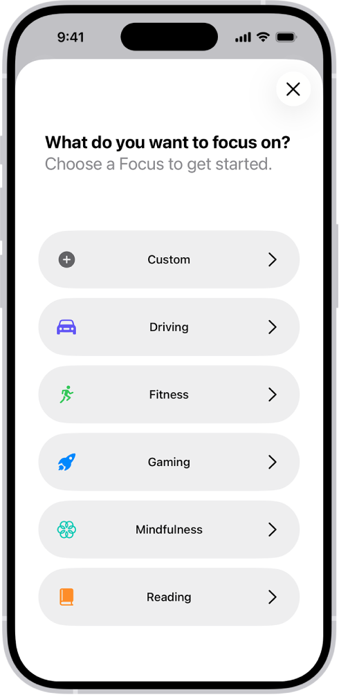 Focuse seadistamise kuva Focuse lisavalikute jaoks, sh Custom, Driving, Fitness, Gaming, Mindfulness ja Reading.