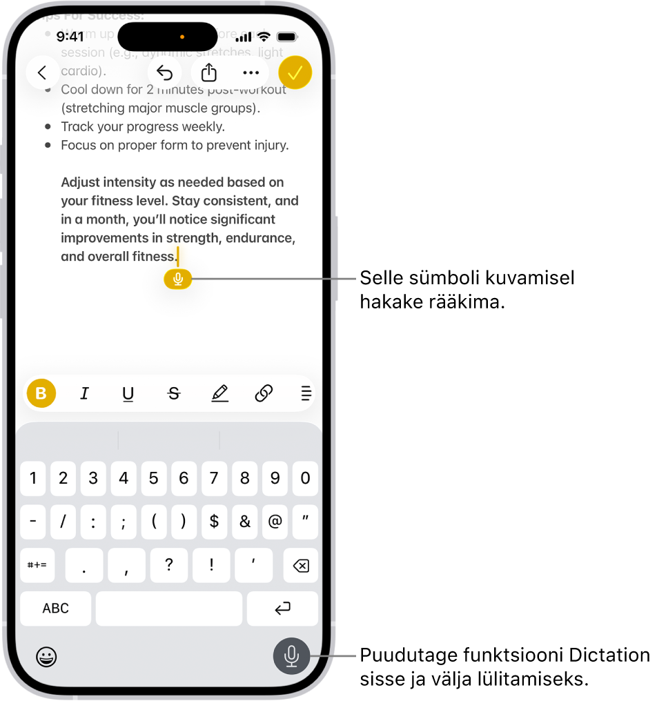 Rakenduses Mail on avatud ekraaniklaviatuur. Ekraani alumisest paremast nurgast on valitud nupp Dictation ning tekstiväljal kuvatakse sisestuspunkti all nuppu Dictation.