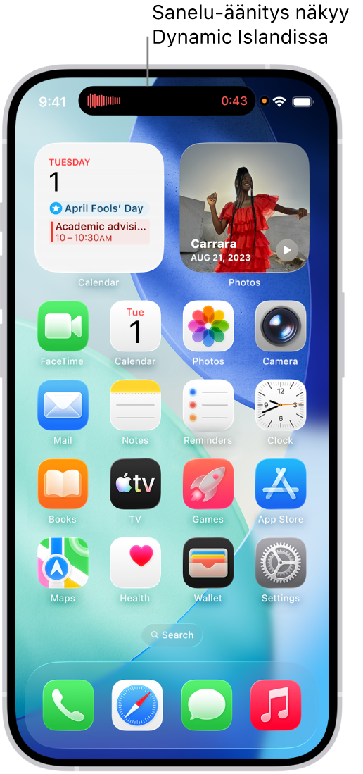 iPhonen Koti-valikko, jossa näkyy Sanelimen äänitys Dynamic Islandilla.
