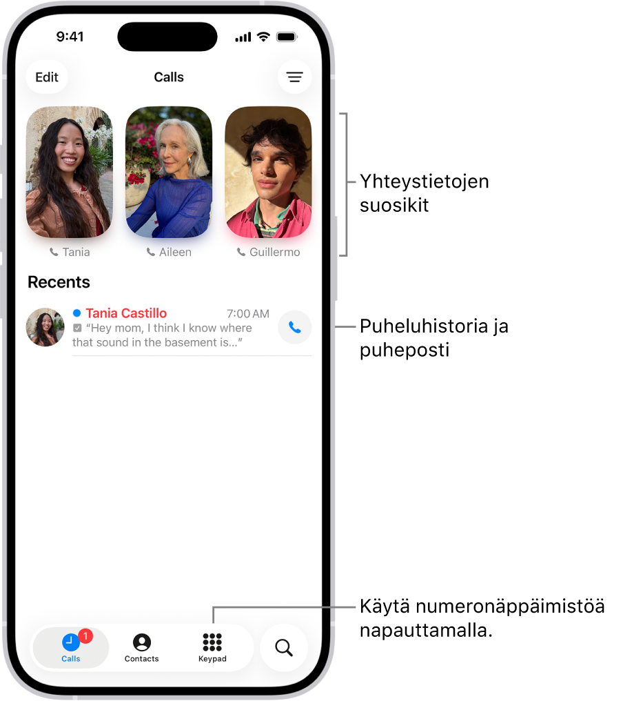 Puhelin-apin Puhelut-välilehti yhtenäistetyssä asettelussa. Yhteystietosuosikit näkyvät ylhäällä. Suosikkien alla on luettelo äskeisistä puheluista ja puheposteista. Painikkeet Puhelut-, Yhteystiedot‑ ja Näppäimistö-välilehtien näyttämiseen näkyvät alhaalla. Haku-painike on oikeassa alakulmassa.