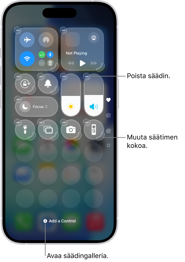 Muokattavana oleva Ohjauskeskus, jonka kussakin säätimessä on Poista-painike ja koonmuutoskahva.