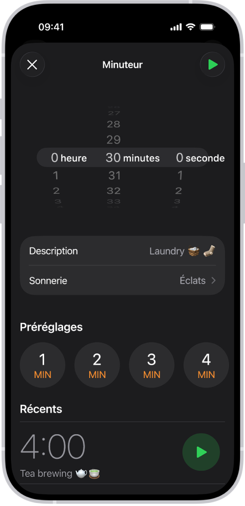 Un écran pour ajouter un minuteur, avec des réglages pour définir un minuteur et un bouton pour lancer un minuteur créé récemment.