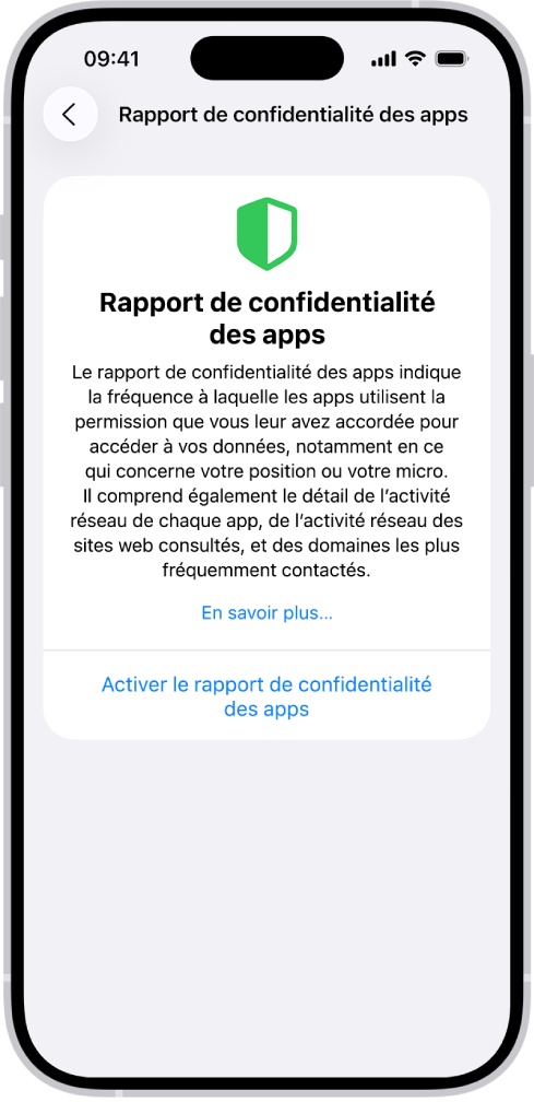 Un rapport de confidentialité des apps présentant une liste d’informations sur des apps pour la catégorie « Accès aux données et aux capteurs », et des informations sur des apps pour la catégorie « Activité réseau des apps ».