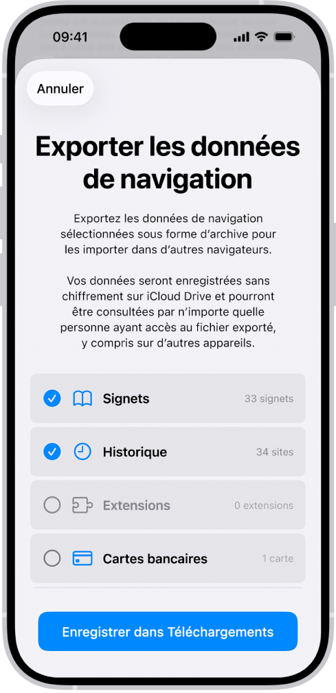 L’écran Exporter les données de navigation, affichant les données que vous pouvez exporter depuis Safari vers un autre navigateur.