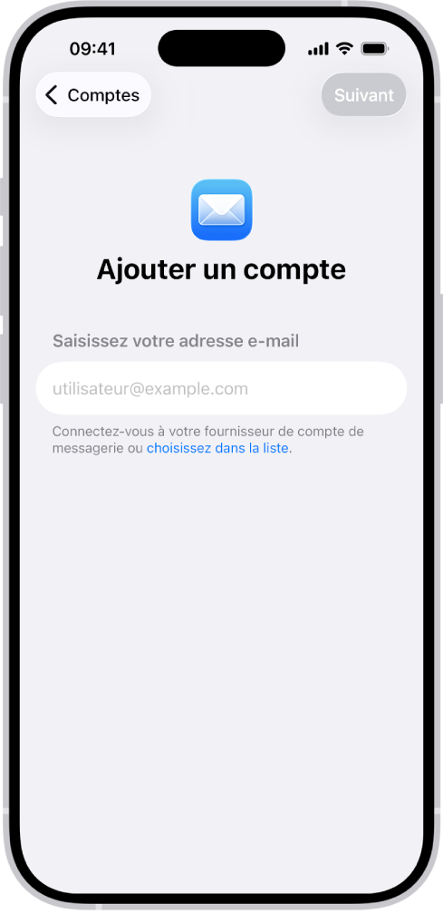 L’écran Ajouter un compte avec un champ dans lequel saisir votre adresse électronique.