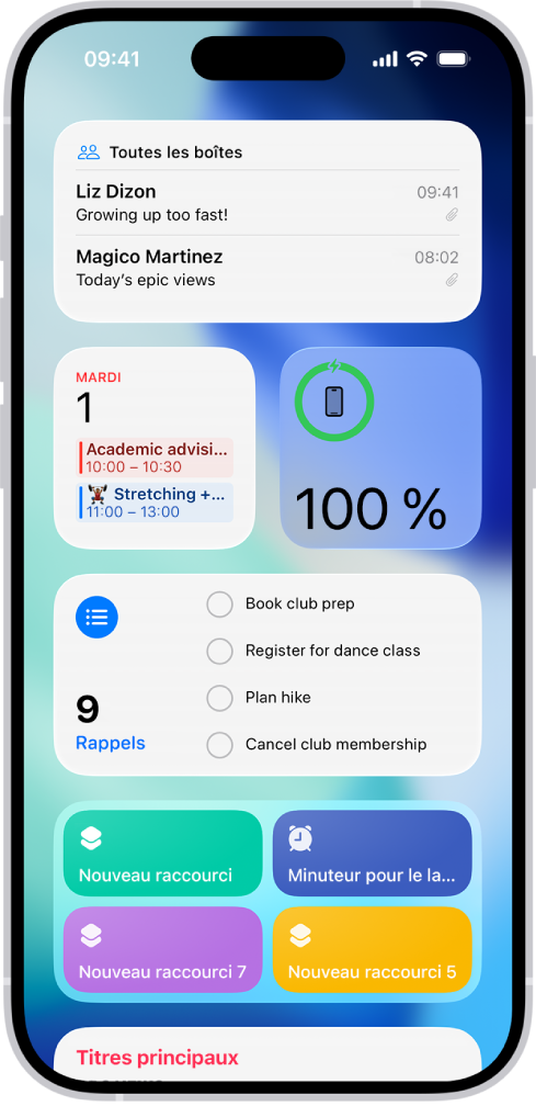 Des widgets apparaissant dans Affichage du jour, notamment les widgets Rappels, Photos, Batterie, Calendrier, Astuces et plus encore. Touchez-en un pour l’ajouter à votre écran d’accueil.