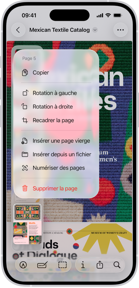 Catalogue au format PDF avec des vignettes sur la gauche. La dernière vignette est surlignée, et un menu se trouve au-dessus avec les options Copier, Rotation à gauche, Rotation à droite, Recadrer la page, Insérer une page vierge, Insérer depuis un fichier, Numériser des pages et Supprimer la page.
