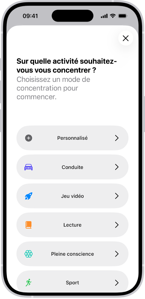 Un écran de configuration de Concentration pour les modes de concentration supplémentaires fournis, notamment Personnalisé, Conduite, Sport, « Jeu vidéo », « Pleine conscience » et Lecture.