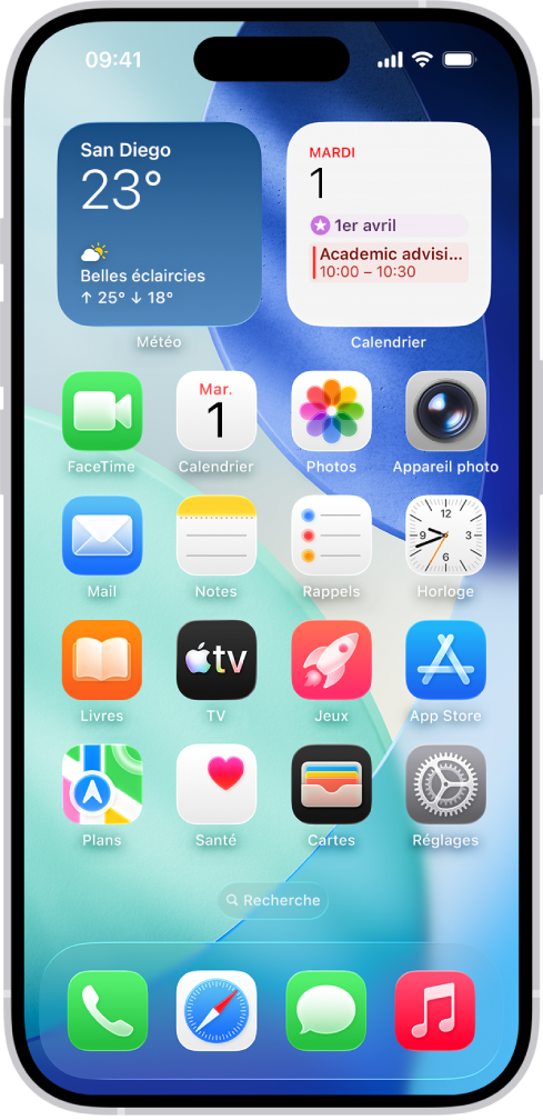 L’écran d’accueil avec plusieurs icônes d’app, notamment l’icône de l’app Réglages, que vous pouvez toucher pour modifier le volume, la luminosité de l’écran et d’autres réglages de votre iPhone.