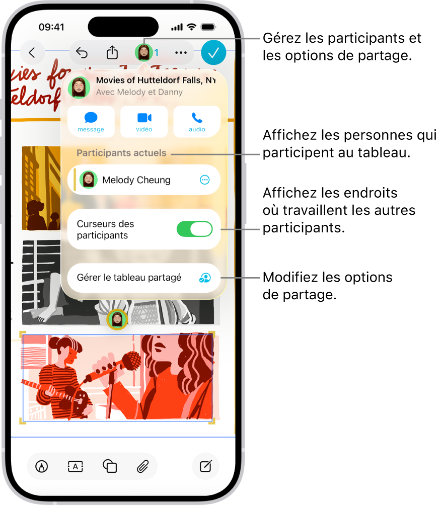 Un tableau Freeform partagé sur iPhone avec le menu de collaboration ouvert.
