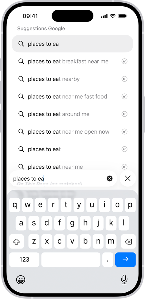 Un écran de recherche Safari, avec le clavier à l’écran en bas de l’écran. Au-dessus du clavier, le champ de recherche contient du texte et des suggestions associées s’affichent juste au-dessus.