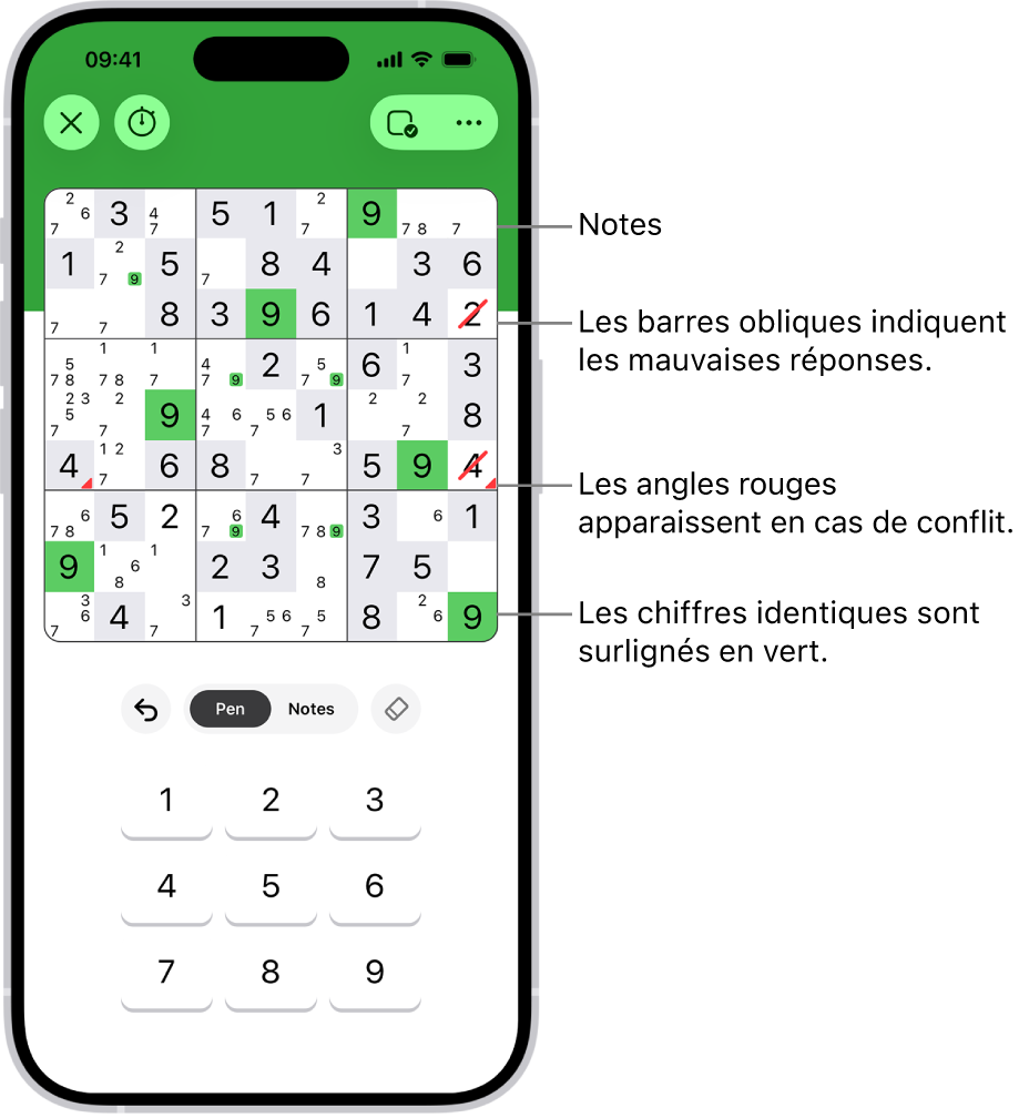 Sudoku avec plusieurs fonctionnalités activées : Notes, Highlight Matching Numbers, Show Conflicts et Autocheck.