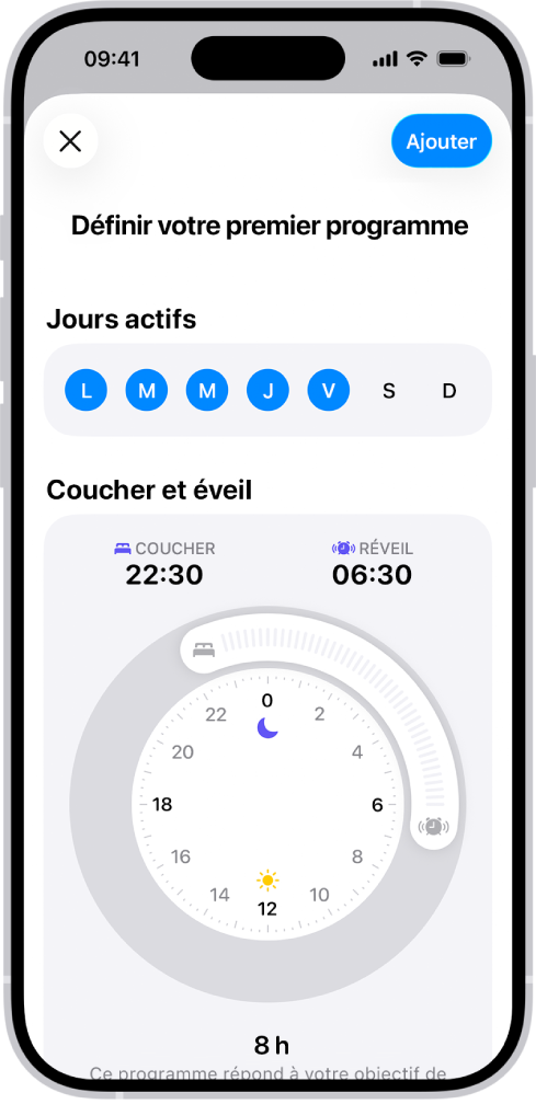 L’écran « Définir votre premier programme » dans Santé, avec une section « Jours actifs » et des heures Coucher et Réveil.