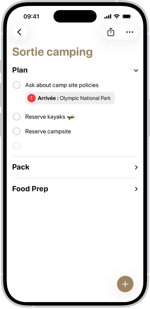 L’app Rappels affichant une liste avec une section développée et les autres réduites.