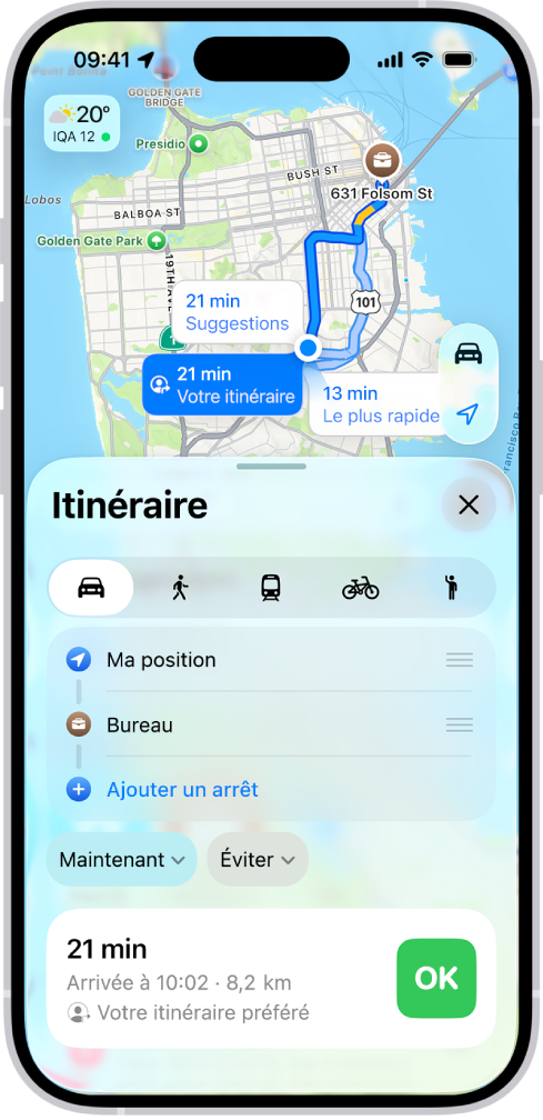 Un iPhone affichant un plan avec plusieurs options d’itinéraires en voiture vers la même destination. Chaque itinéraire affiche le temps de trajet estimé et la distance à parcourir, ainsi qu’un bouton Aller permettant de démarrer l’itinéraire guidé. Un code couleur reflétant les conditions de circulation est également appliqué à chaque itinéraire.