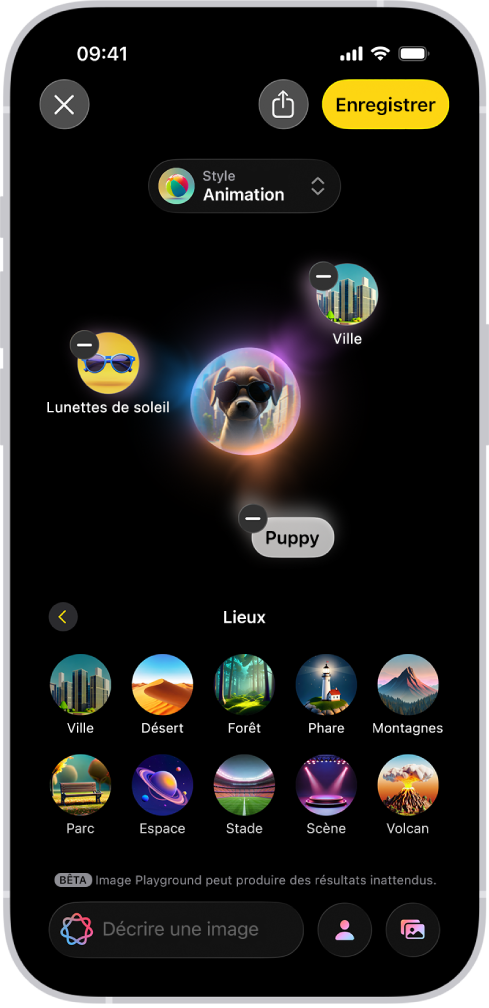 Fenêtre de l’app Image Playground affichant l’image créée d’un chien portant des lunettes.