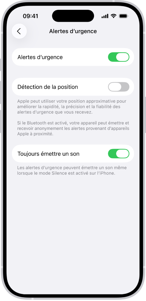 L’écran d’« Alertes d’urgence », avec « Alertes d’urgence », « Détection de la position » et « Toujours émettre un son » activés.