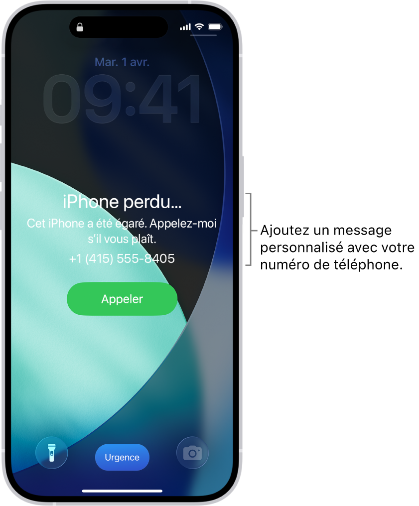 Écran verrouillé d’un iPhone avec un message indiquant que l’iPhone a été égaré. Vous pouvez ajouter un message personnalisé avec votre numéro de téléphone.