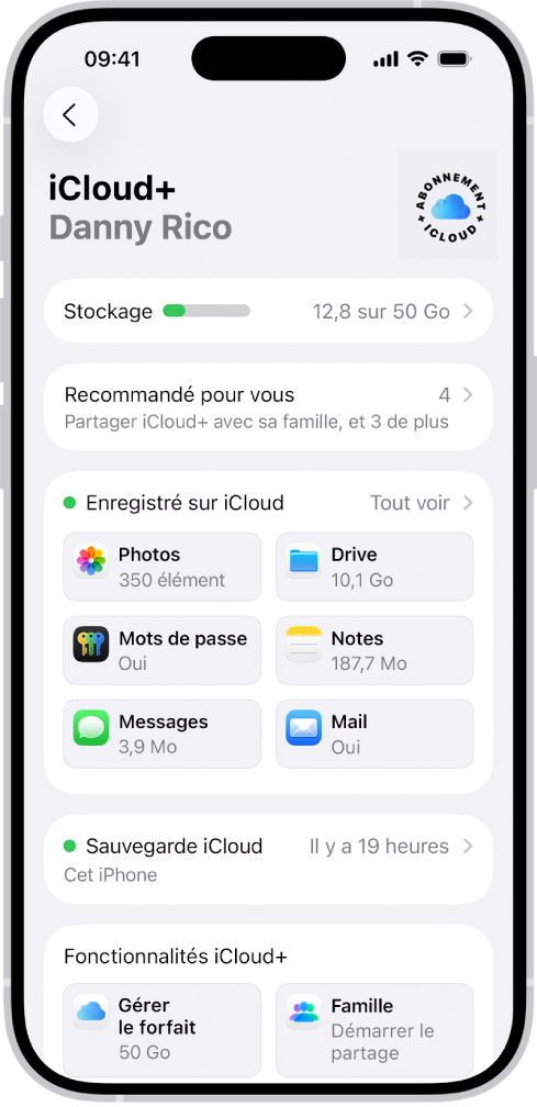 L’écran des réglages iCloud affichant le niveau de stockage et une liste d’apps et de fonctionnalités.