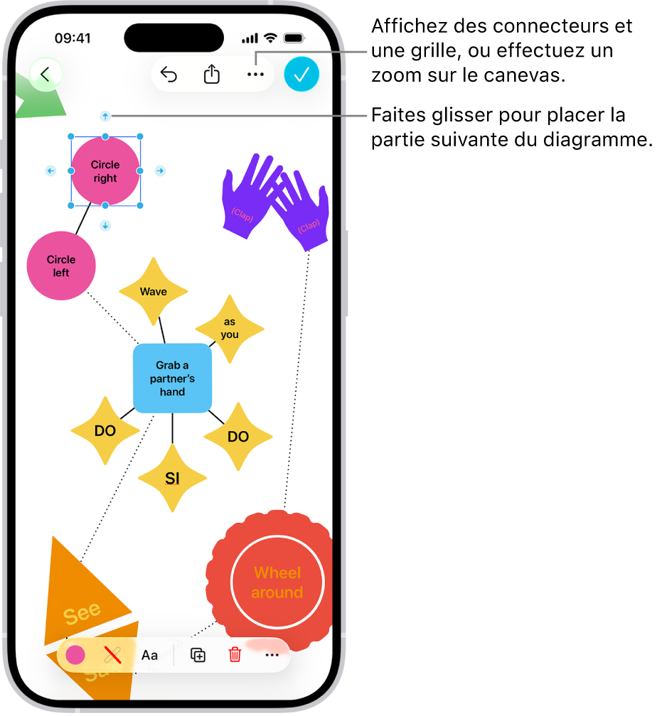 Un diagramme sur un tableau Freeform avec des connecteurs affichés sur une figure sélectionnée, et les outils de mise en forme des figures visibles en bas de l’écran.