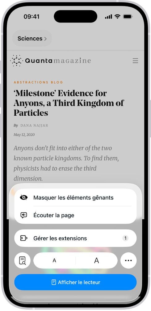 Un site web ouvert dans Safari, avec le champ des adresses montrant que le lecteur est disponible pour le site web.