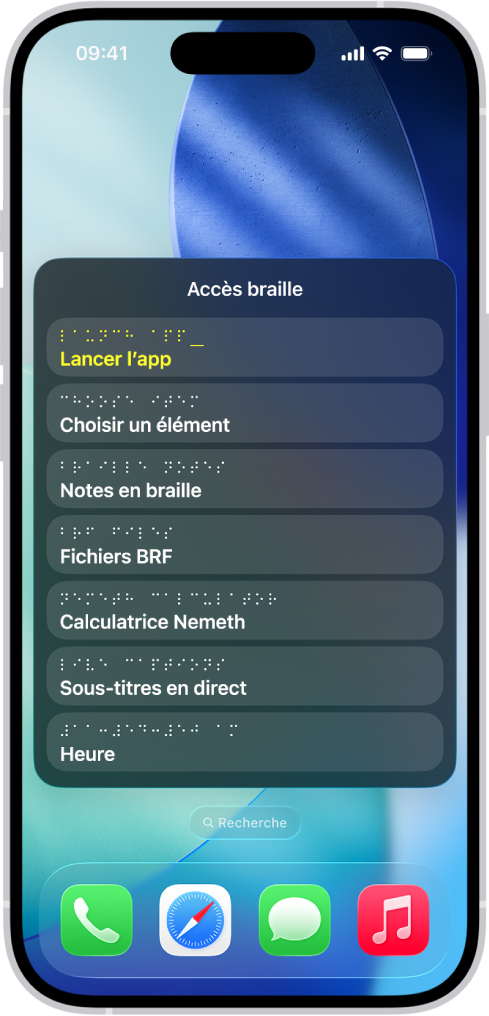 Un iPhone avec le menu Accès braille ouvert, affichant les options suivantes : Démarrer une app, Choisir un élément, Notes braille, Fichiers BRF, Calculatrice, Sous-titres en direct et Heure.