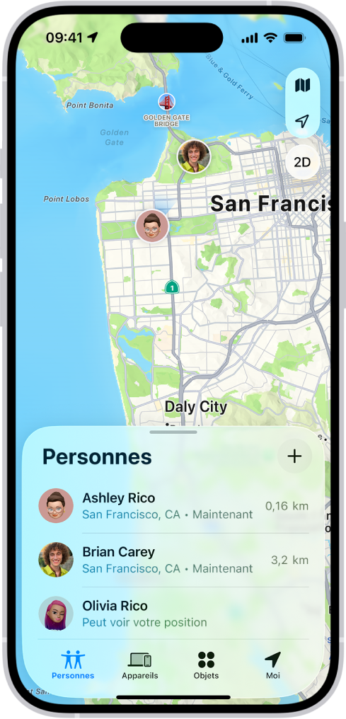 L’écran Localiser avec la liste Personnes et la position de ces personnes sur un plan.
