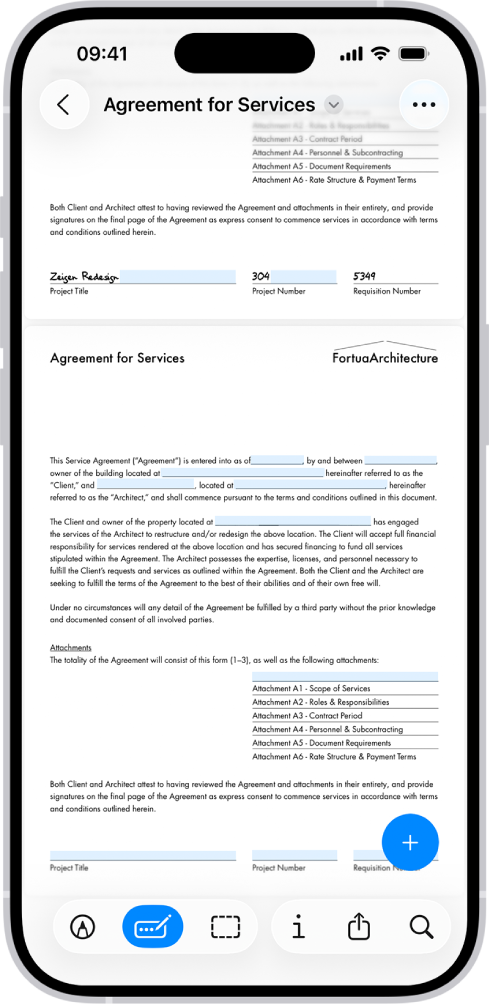 Écran montrant un formulaire PDF avec les champs à remplir en surbrillance. Au bas de l’écran se trouvent les boutons « Ajouter une annotation », Annoter, Remplir, Recadrer, Infos, Partager et Rechercher. Le bouton « Remplissage automatique » est sélectionné.