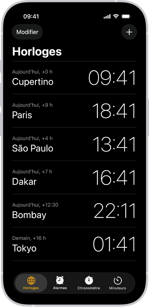 L’onglet Horloges, affichant l’heure dans différentes villes. Le bouton Modifier, qui se trouve dans le coin supérieur gauche, permet de réorganiser des horloges ou de les supprimer. Le bouton Ajouter, qui se trouve dans le coin supérieur droit, permet d’ajouter des horloges. Les boutons Horloges, Alarme, Chronomètre et Minuteurs se trouvent en bas de l’écran.
