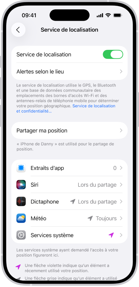 L’écran « Services de localisation », avec des réglages permettant de partager la position de votre iPhone avec des apps.