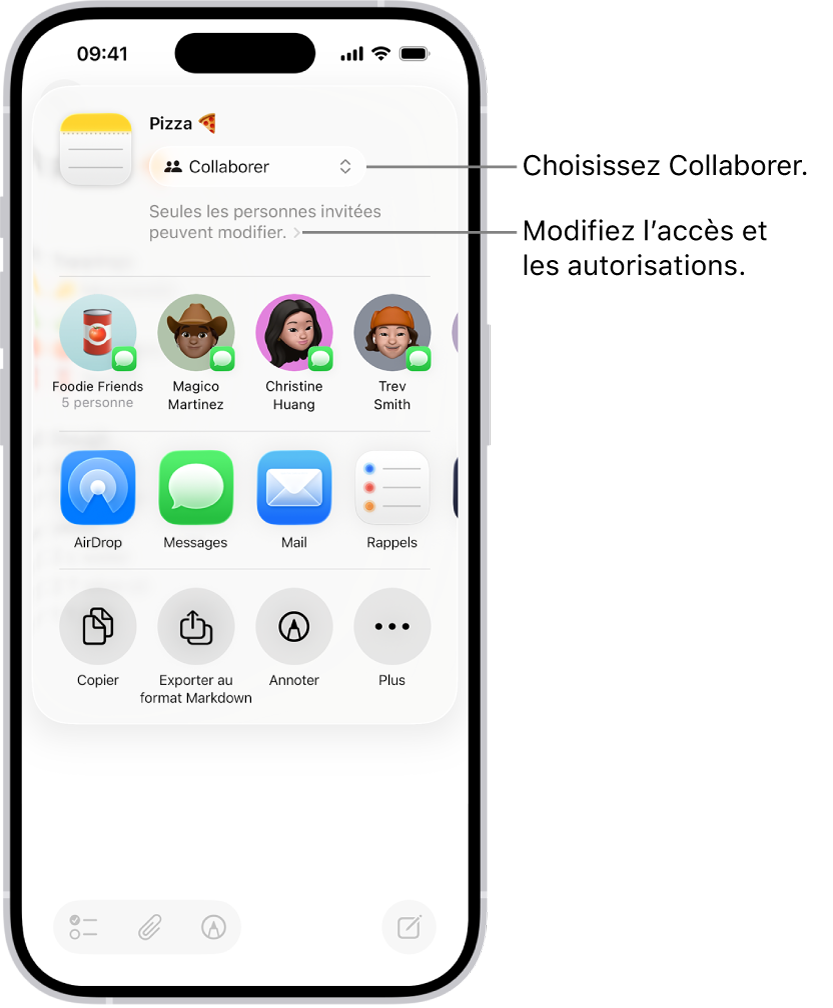 Invitation à collaborer sur une recette dans Notes, avec l’option de partage Collaborer ainsi que l’accès et l’autorisation définis sur « Seules les personnes invitées peuvent modifier ». Un rang en dessous inclut quatre destinataires potentiels, dont un groupe. Le rang suivant offre différentes méthodes de partage de la note : AirDrop, Messages, Mail et Rappels.