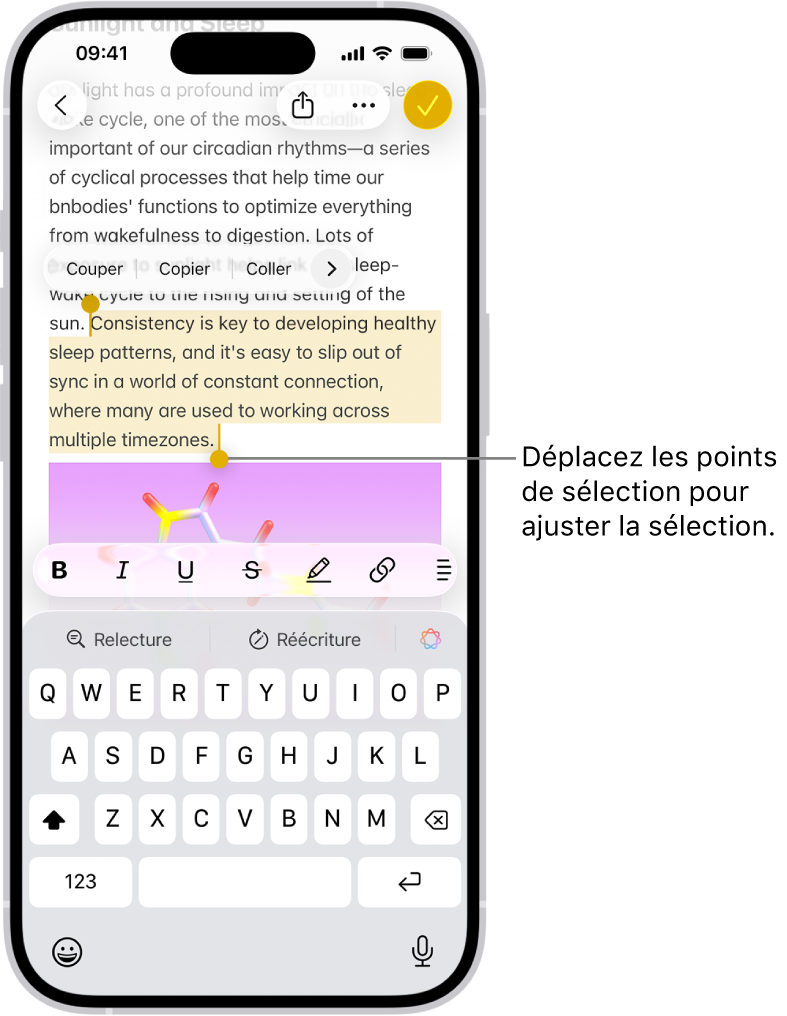 Le texte est sélectionné dans une note dans l’app Notes. Au-dessus de la sélection se trouvent les boutons Couper, Copier, Coller et Remplissage automatique. Le texte sélectionné est surligné, avec des points de poignée permettant d’ajuster la sélection à chaque extrémité.