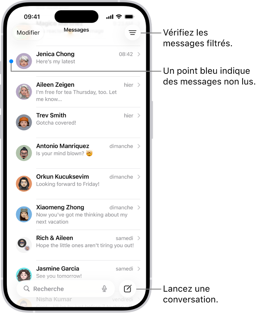La liste des conversations de Messages, avec le bouton Rédiger en bas à droite. Le point bleu situé à gauche d’un message indique que ce dernier n’a pas été lu.