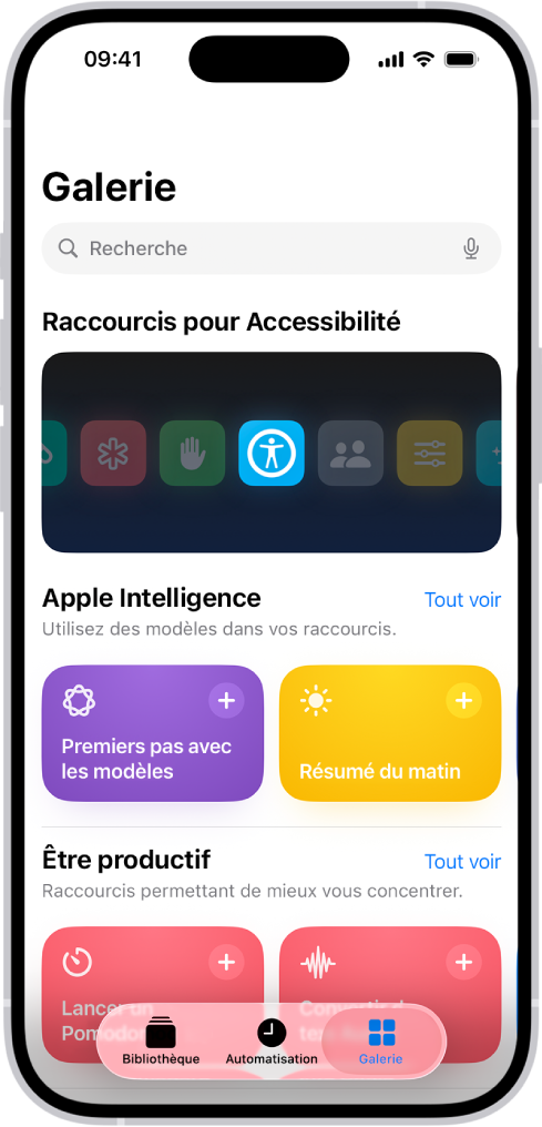 L’écran Galerie dans l’app Raccourcis avec un champ de recherche en haut. En dessous se trouvent trois galeries : « Raccourcis pour Accessibilité », « Être productif » et « Raccourcis rapides ». En bas de l’écran se trouvent les boutons Raccourcis, Automatisation et Galerie. Le bouton Galerie est sélectionné.