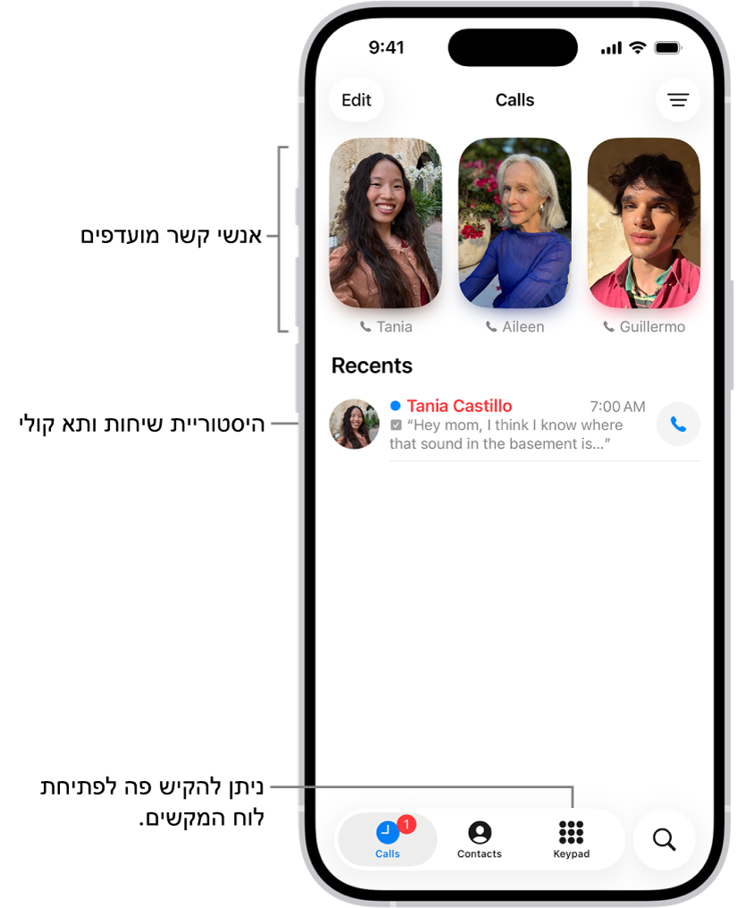 הכרטיסיה ״שיחות״ ביישום ״טלפון״ בפריסה מאוחדת. אנשי קשר מועדפים מופיעים בחלקו העליון של המסך. מתחת ל״מועדפים״ מופיעה רשימה של שיחות אחרונות ותא קולי. כפתורים להצגת השיחות, ״אנשי קשר״ ו״לוח מקשים״ מופיעים בתחתית המסך. הכפתור ״חיפוש״ נמצא בפינה השמאלית התחתונה.