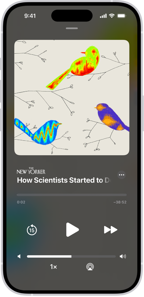 כתבת שמע מתוך Apple News+‎. מתחת לנגן מופיעים פקדי הפעלת השמע ומחוון עוצמת שמע.