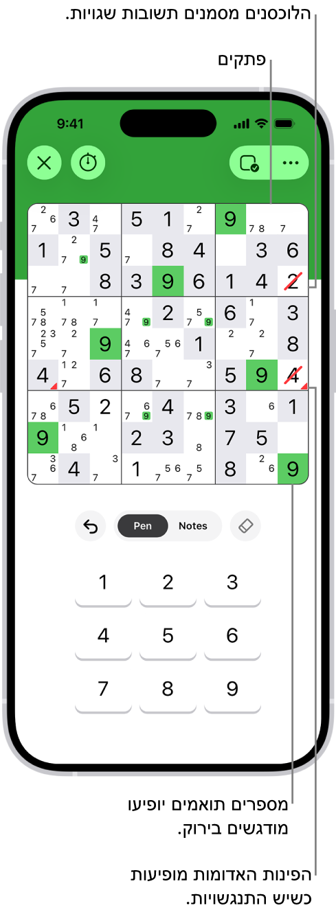 תשבץ סודוקו שבו הופעלו כמה מאפיינים: Notes (הערות), Highlight Matching Numbers (הדגשת מספרים תואמים), Show Conflicts (הצגת התנגשויות) ו-Autocheck (בדיקה אוטומטית).