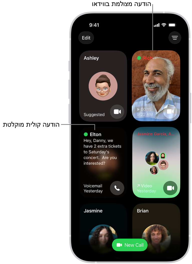 היסטוריית השיחות של FaceTime, מציגה הצעה לאיש קשר, הודעת וידאו מוקלטת, הודעה קולית ושיחת FaceTime קבוצתית בווידאו.