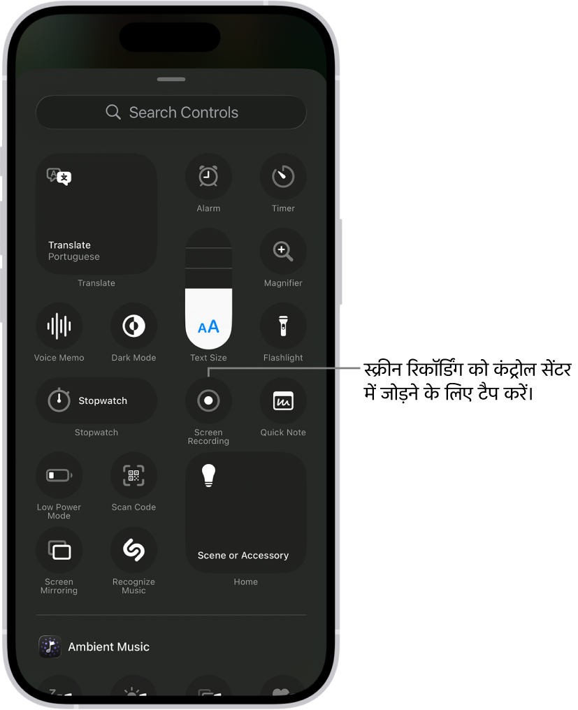 कंट्रोल दिखाने वाली कोई स्क्रीन, जिसे आप कंट्रोल सेंटर में जोड़ सकते हैं। स्क्रीन रिकॉर्डिंग कंट्रोल, जो मध्य के नज़दीक है।