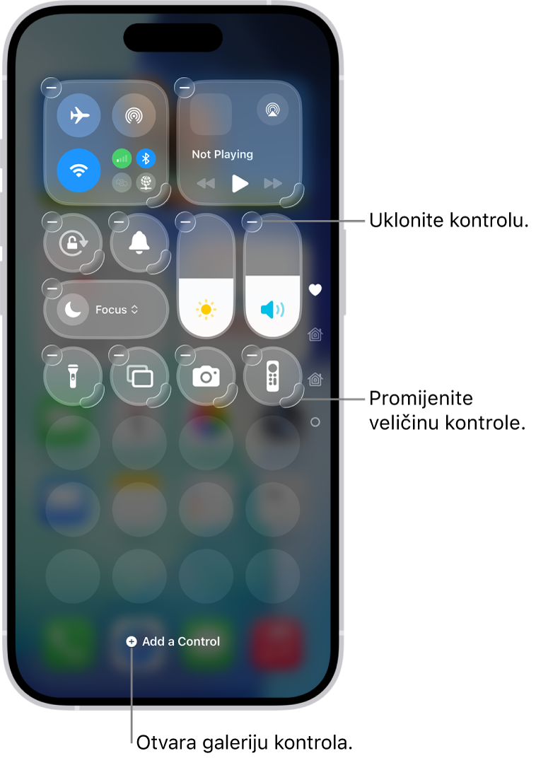 Kontrolni centar se uređuje, s prikazom tipke Ukloni i hvatištem za promjenu veličine na svakoj kontroli.