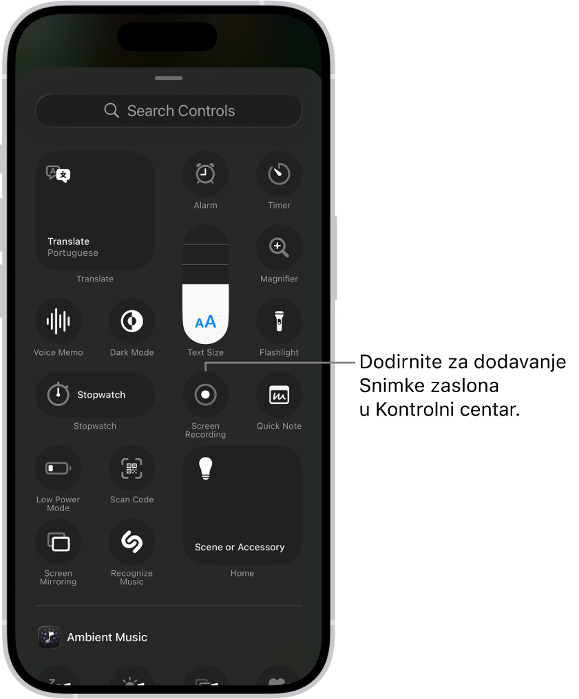 Zaslon prikazuje kontrole koje možete dodati u Kontrolni centar. Kontrola Snimanje zaslona je blizu sredine.