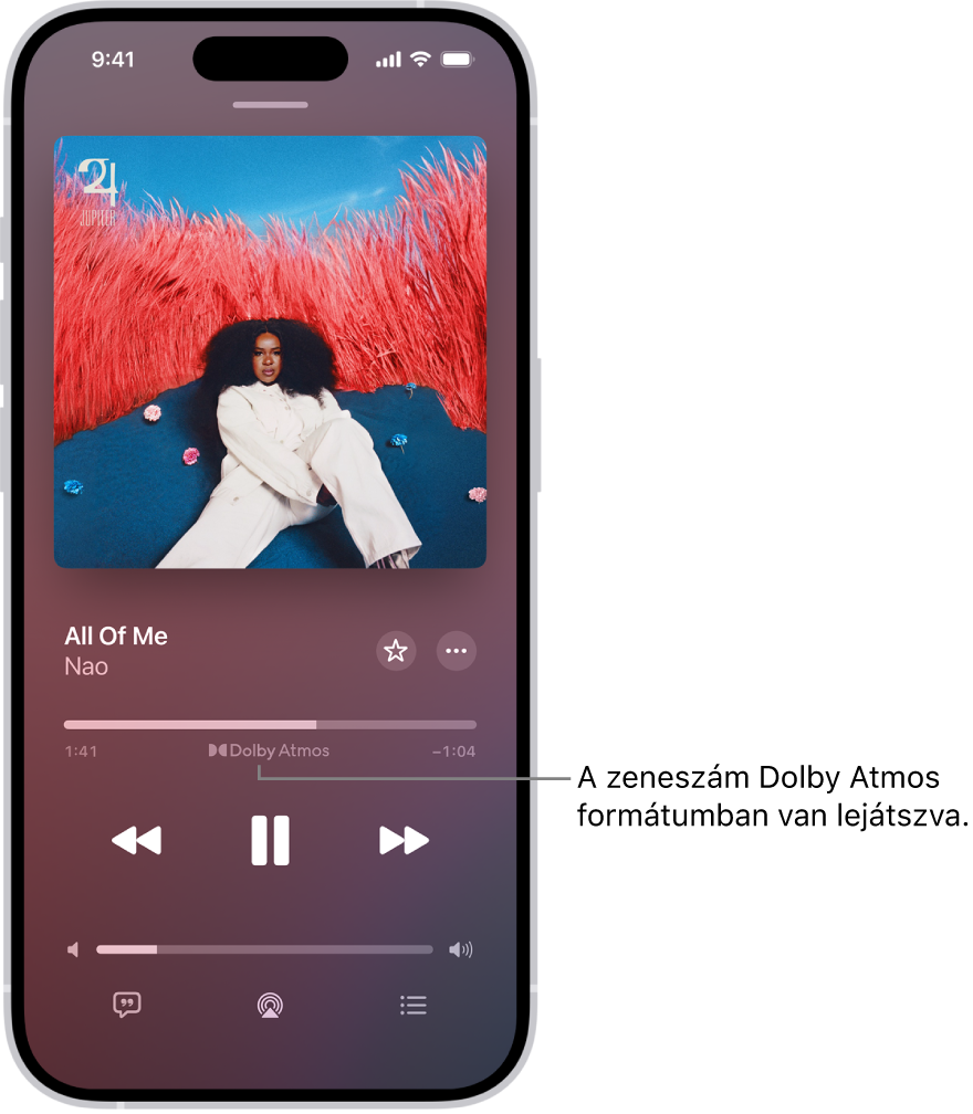 A Lejátszás alatt képernyő a lejátszás alatt álló számmal és a Dolby Atmos ikonnal.