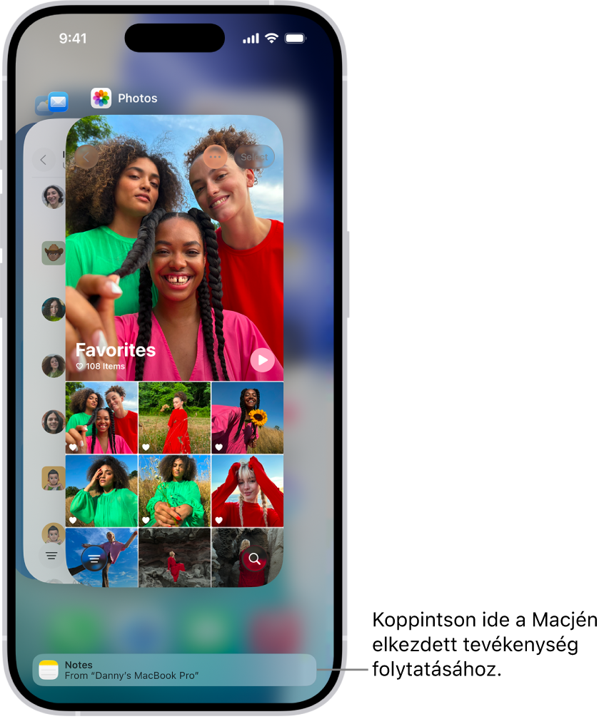 Az iPhone Appváltó appjában egy átadási értesítés látható a képernyő alján.