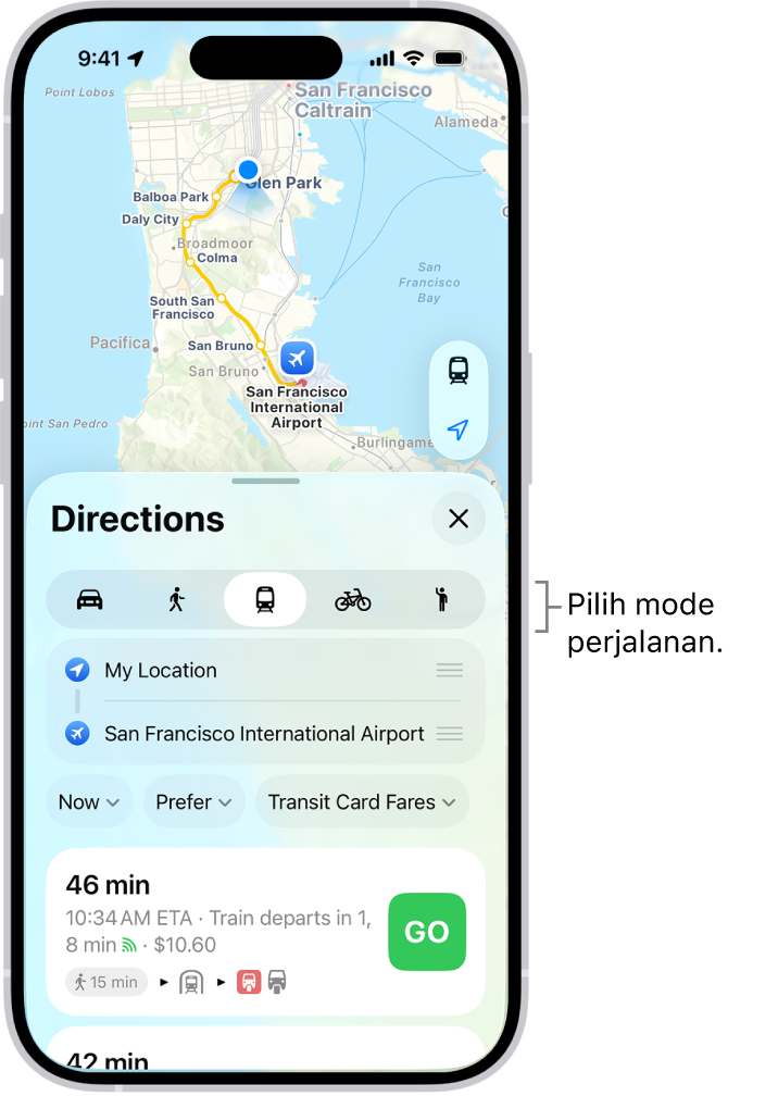 Peta menampilkan beberapa pilihan rute di antara dua lokasi, dengan tombol untuk memilih mode perjalanan lainnya, mengalihkan titik awal dan tujuan, dan melihat petunjuk arah sebagai langkah.