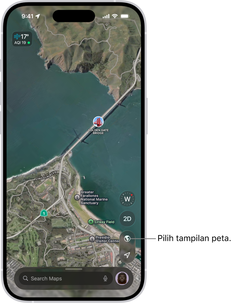 Peta jalanan dan taman 3D yang menampilkan pepohonan, tempat menarik, dan lokasi seperti toilet.