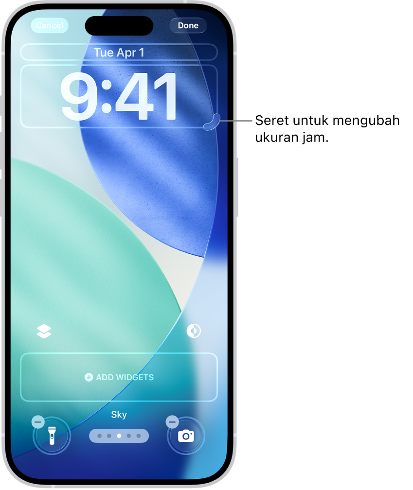 Layar Terkunci khusus dalam proses pengeditan. Elemen yang tersedia untuk penyesuaian dipilih—tanggal, waktu, dan tombol untuk menambahkan widget.