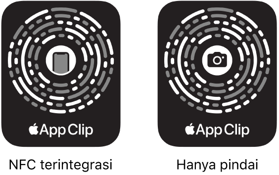 Di sebelah kiri, Kode Cuplikan App terintegrasi NFC dengan ikon iPhone di pusatnya. Di sebelah kanan, Kode Cuplikan App hanya pindai dengan ikon kamera di pusatnya.